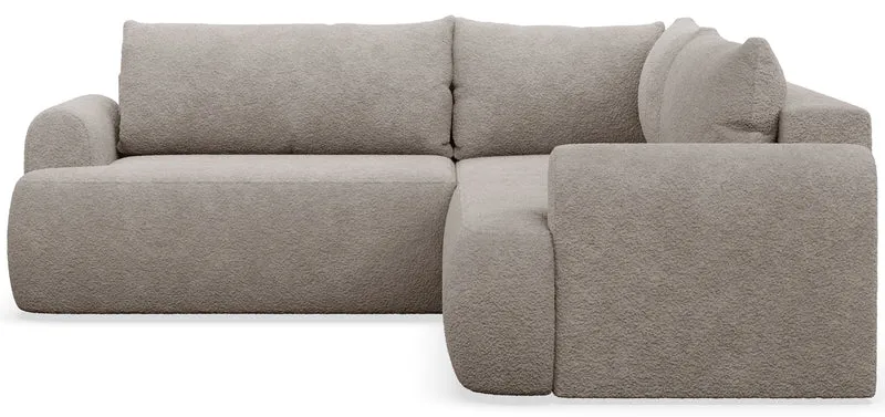 Ecksofa mit Schlaffunktion, universal links- oder rechtsseitig montierbar, Ovo L-förmig, dunkelbeige Bouclé