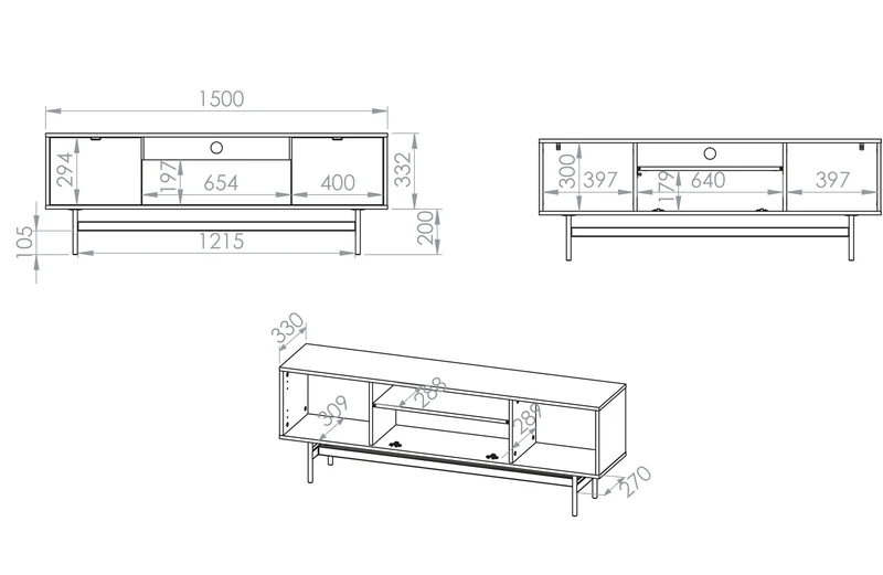 TV-Schrank Reynos, dreitürig, 150 cm, Eiche Mavelie