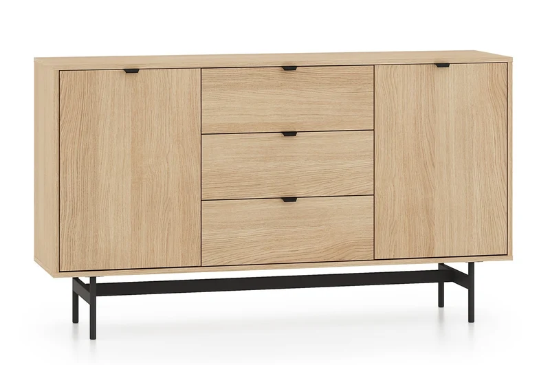 Zweiturige Kommode Reynos mit drei Schubladen, 150 cm, Eiche Mavelie