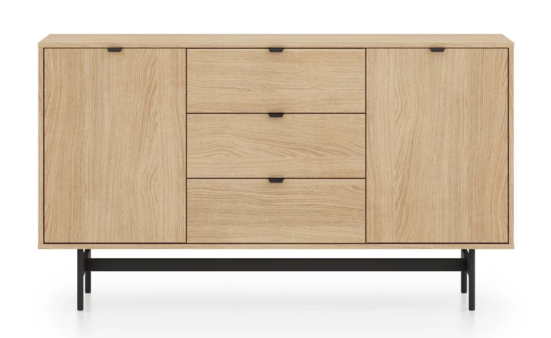 Zweiturige Kommode Reynos mit drei Schubladen, 150 cm, Eiche Mavelie