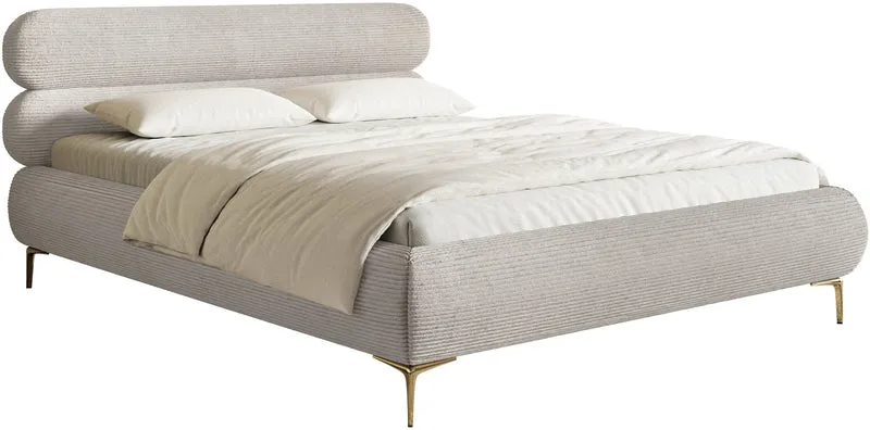 Polsterbett 180x200 cm Roule Cord mit Stauraum, Metallrahmen, grau-beiges Cord, goldene Beine