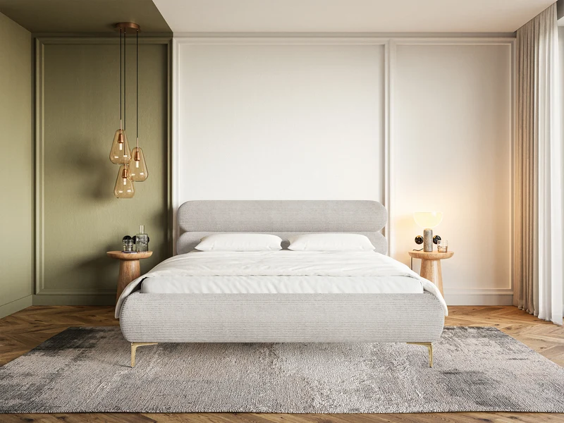 Polsterbett 180x200 cm Roule Cord mit Stauraum, Metallrahmen, grau-beiges Cord, goldene Beine