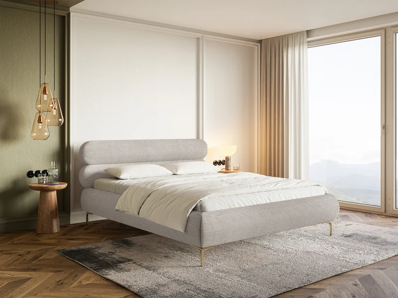 Polsterbett 180x200 cm Roule Cord mit Stauraum, Metallrahmen, grau-beiges Cord, goldene Beine