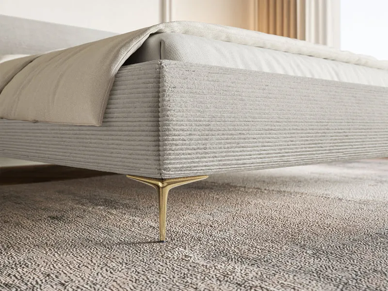 Polsterbett 180x200 cm Roule Cord mit Stauraum, Metallrahmen, grau-beiges Cord, goldene Beine