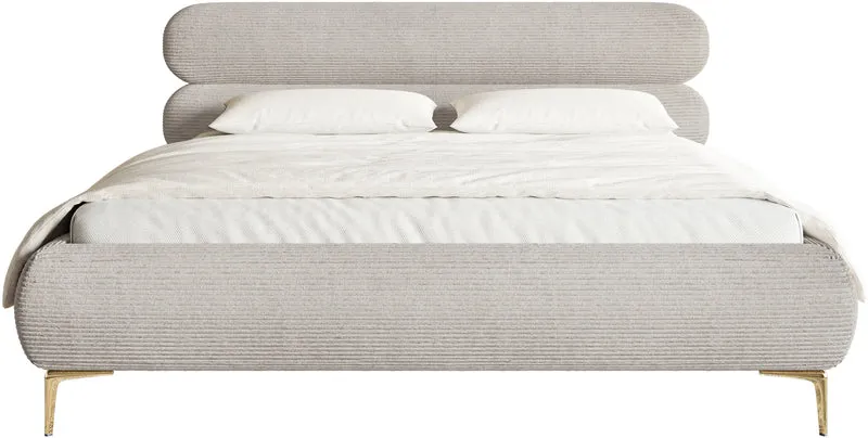 Gepolstertes Bett 140x200 cm Roule Cord, grau-beige Cordstoff, goldene Beine