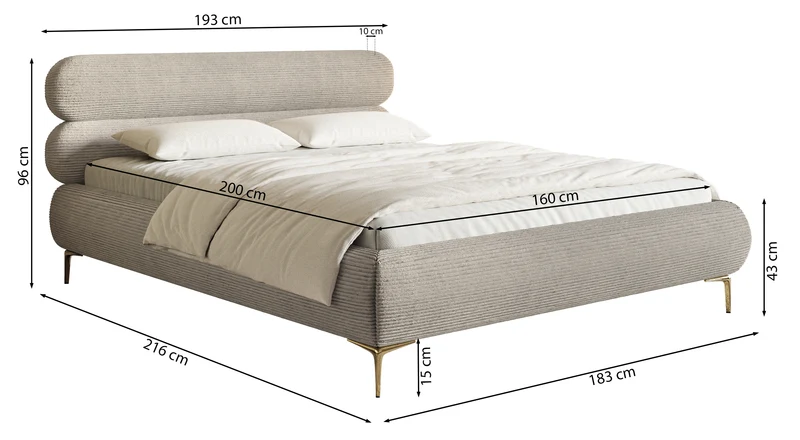 Gepolstertes Bett 160x200 cm Roule Cord hellbeige Cord Stoff, goldene Beine