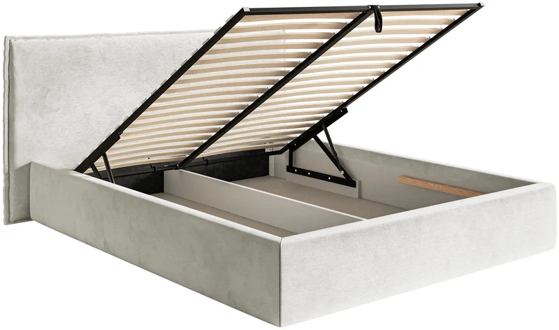 Polsterbett 140x200 cm Softie mit Stauraum, grau-beiges Velours, hydrophob, Metallrahmen