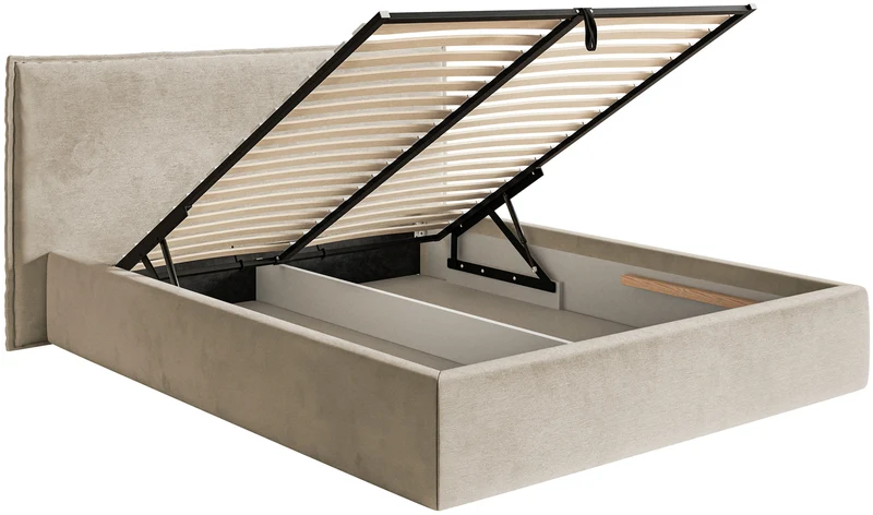 Polsterbett 140x200 cm Softie mit Stauraum, beige, wasserabweisender Samt, Metallrahmen
