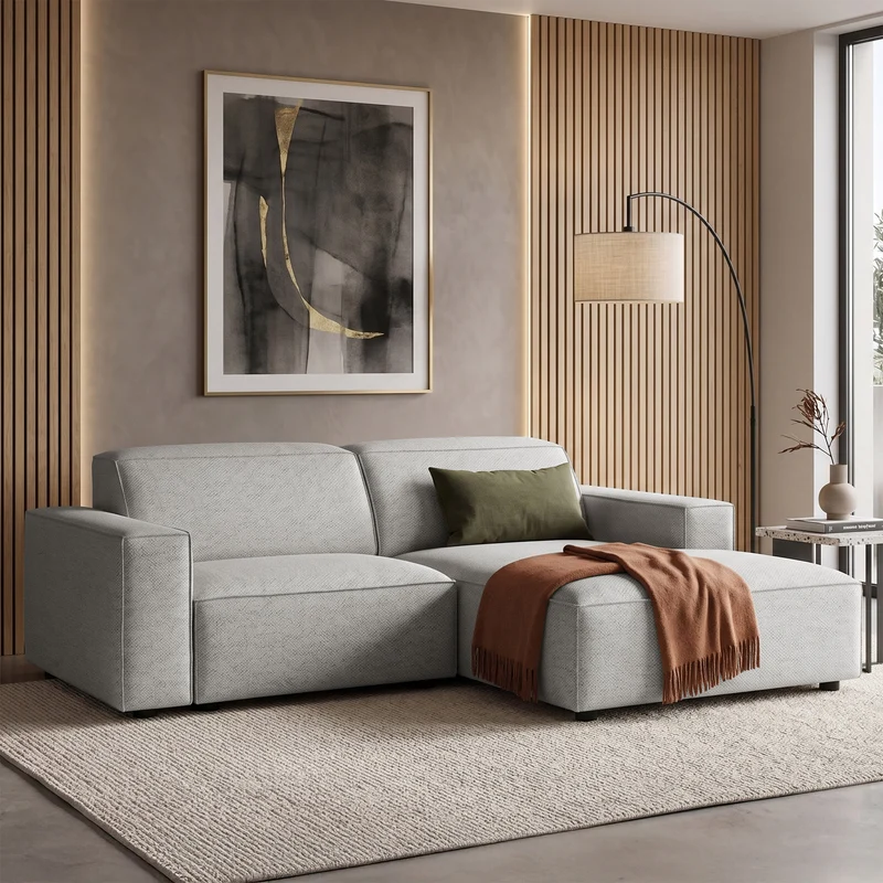 Modulares Ecksofa Sellmo, kleines L-förmiges, rechtsseitiges, hellgraues, hydrophobes Chenille