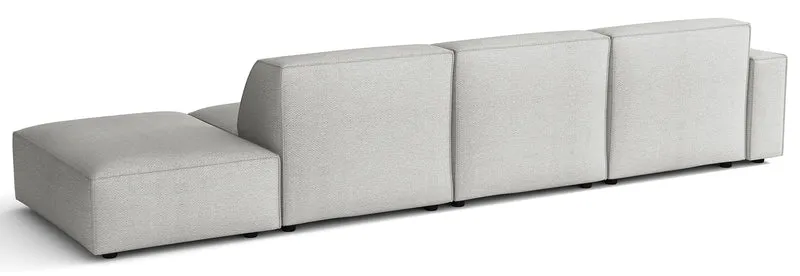 Modulares Ecksofa Sellmo, L-förmig mit Pouf, linksseitig, hellgrauer hydrophober Chenillestoff