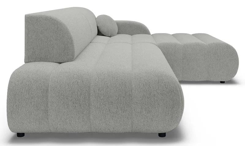 Ecksofa mit Schlaffunktion Arione, L-förmig, rechtsseitig, mit Stauraum, hellgrauer Chenillestoff