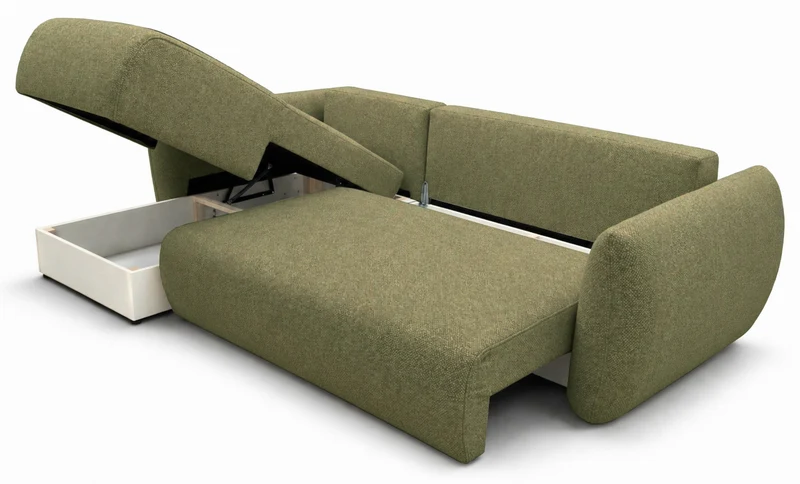 Ecksofa mit Schlafunktion Zordo, L-förmig, linksseitig, mit zwei Stauraumfächern, olivgrüner Chenille-Stoff