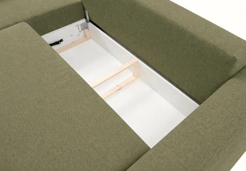 Ecksofa mit Schlafunktion Zordo, L-förmig, linksseitig, mit zwei Stauraumfächern, olivgrüner Chenille-Stoff