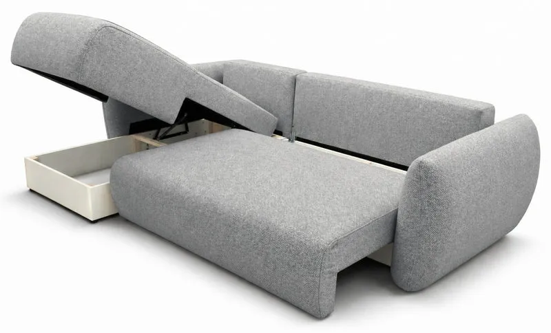 Ecksofa mit Schlaffunktion Zordo, L-förmig, linksseitig, mit zwei Stauraumfächern, grauer Chenille-Stoff
