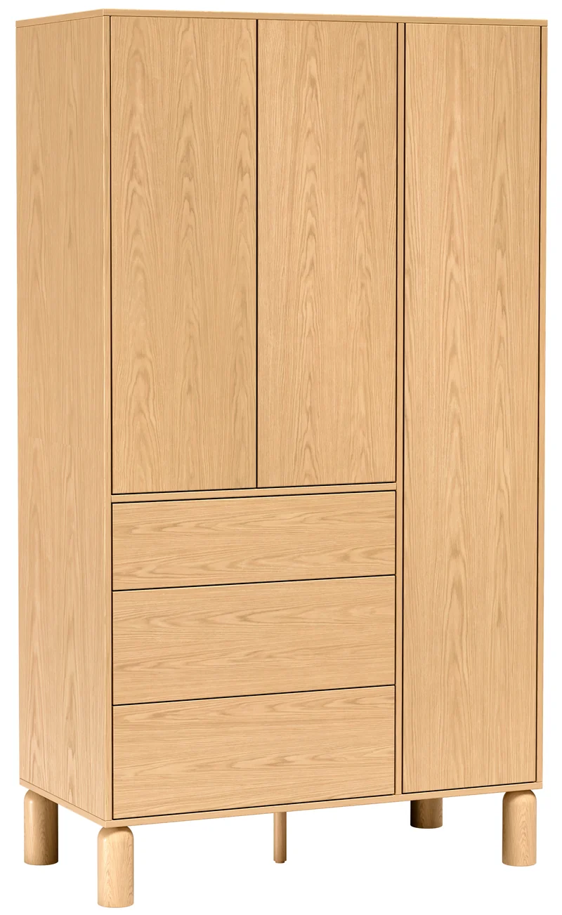 Drehtürenschrank Sanden mit drei Schubladen, 110 cm, Eiche Bookmatch