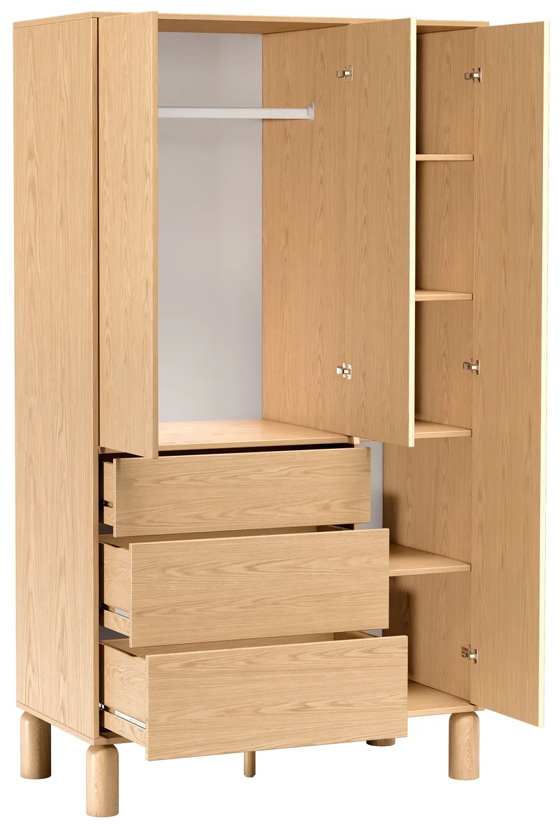 Drehtürenschrank Sanden mit drei Schubladen, 110 cm, Eiche Bookmatch
