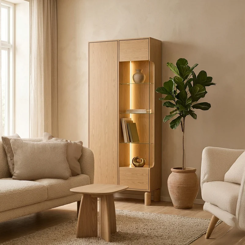 Zweiflügelige Sanden-Vitrine hoch mit LED-Beleuchtung 89 cm Eiche Bookmatch