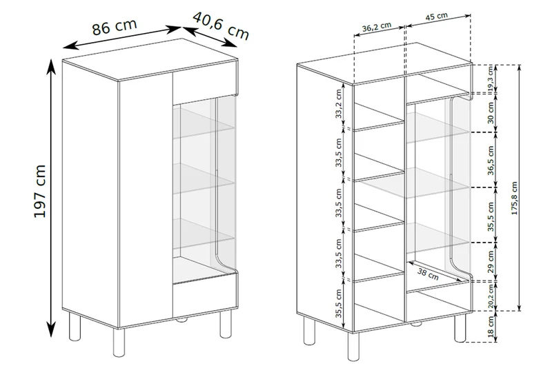 Zweiflügelige Sanden-Vitrine hoch mit LED-Beleuchtung 89 cm Eiche Bookmatch