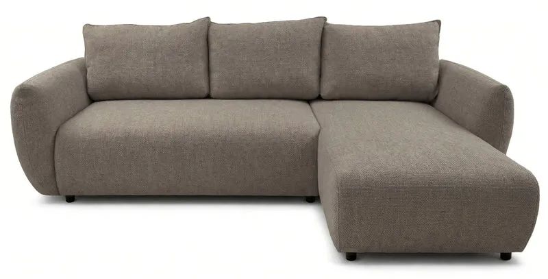 Ecksofa mit Schlaffunktion Zordo, L-förmig, rechtsseitig, mit zwei Stauraumfächern, hellbrauner Chenille-Stoff