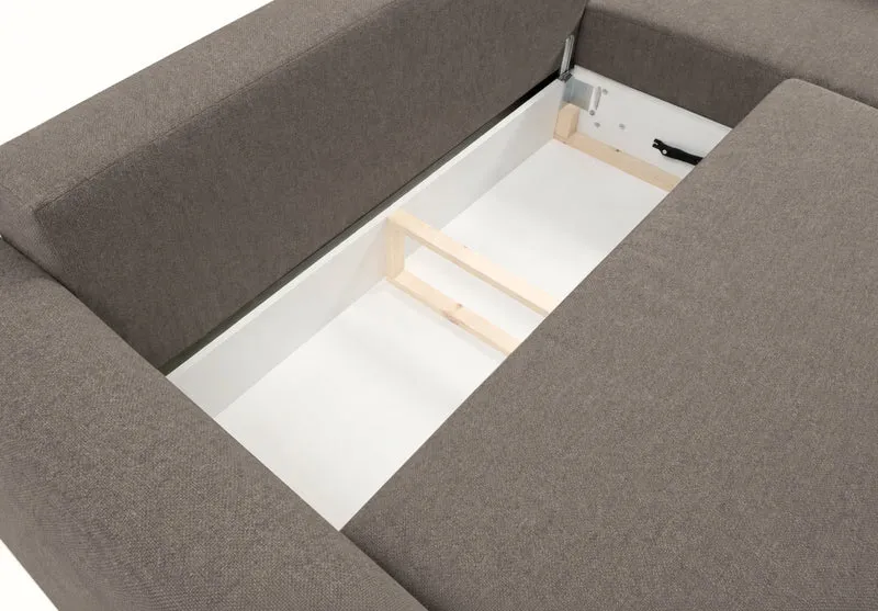 Ecksofa mit Schlaffunktion Zordo, L-förmig, rechtsseitig, mit zwei Stauraumfächern, hellbrauner Chenille-Stoff