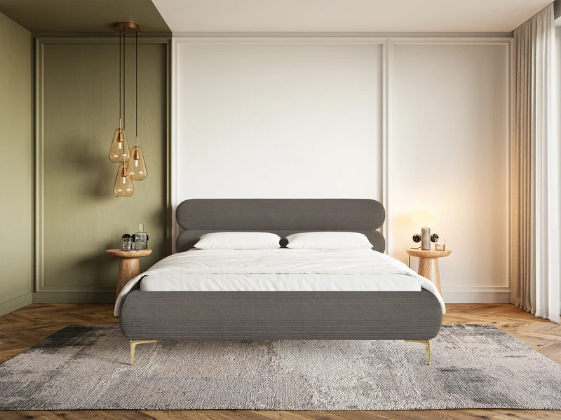 Gepolstertes Bett 180x200 cm Roule Cord mit Stauraum, Metallrahmen, grauer Cordstoff, goldene Beine
