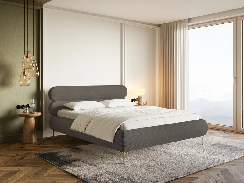Gepolstertes Bett 180x200 cm Roule Cord mit Stauraum, Metallrahmen, grauer Cordstoff, goldene Beine