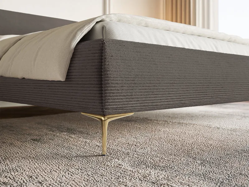Gepolstertes Bett 180x200 cm Roule Cord mit Stauraum, Metallrahmen, grauer Cordstoff, goldene Beine