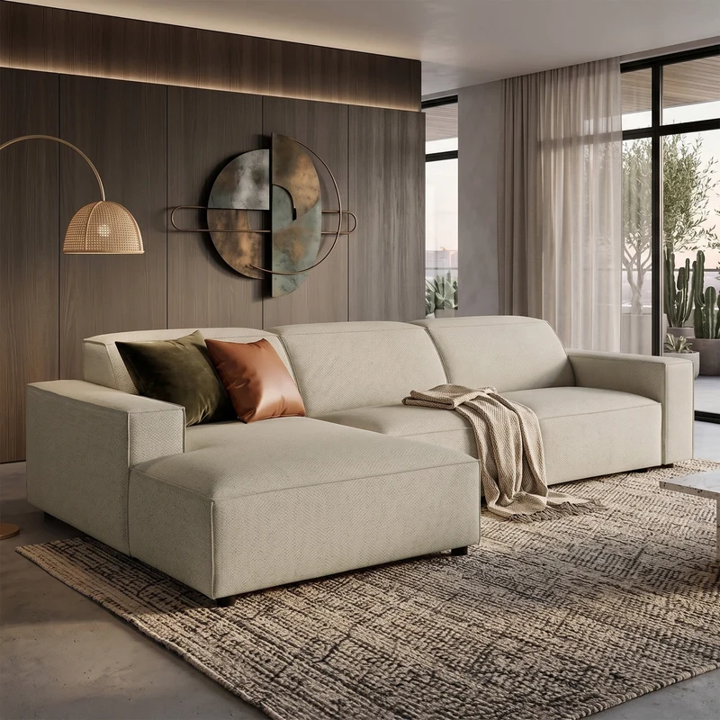 Modulares Ecksofa Sellmo L-förmig linksseitig, grau-beige, hydrophober Chenille