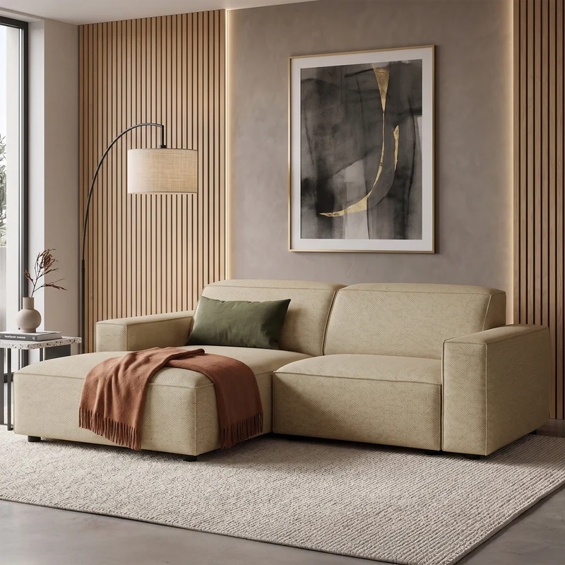 Modulares Ecksofa Sellmo, kleines L-förmiges, linksseitiges, dunkelbeiges, hydrophobes Chenille