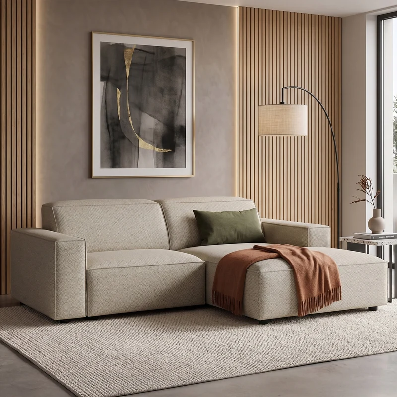 Modulares Ecksofa Sellmo, kleines L-förmiges Modell, rechtsseitig, grau-beige, hydrophober Chenille-Stoff
