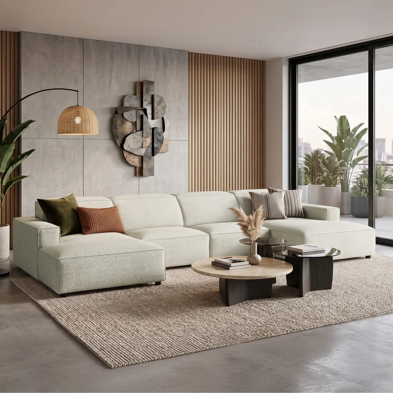 Modulares Ecksofa Sellmo U-förmig universal cremefarben, hydrophobes Chenille