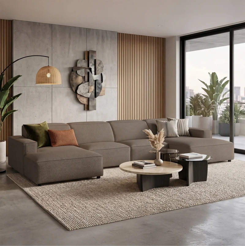 Modulares Ecksofa Sellmo, U-förmig, universell, hellbraun, hydrophobes Chenille