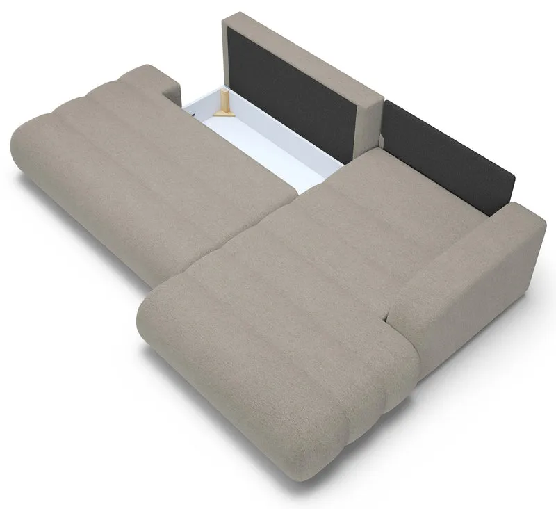 Ecksofa mit Schlaffunktion Arione, L-förmig, rechtsseitig, mit Stauraum, grau-beiger Chenille-Stoff