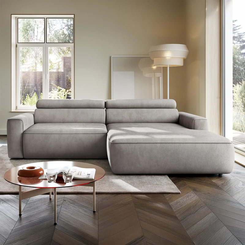 Ecksofa mit elektrischem Auszug Fando, L-förmig, rechtsseitig, grauer Samt