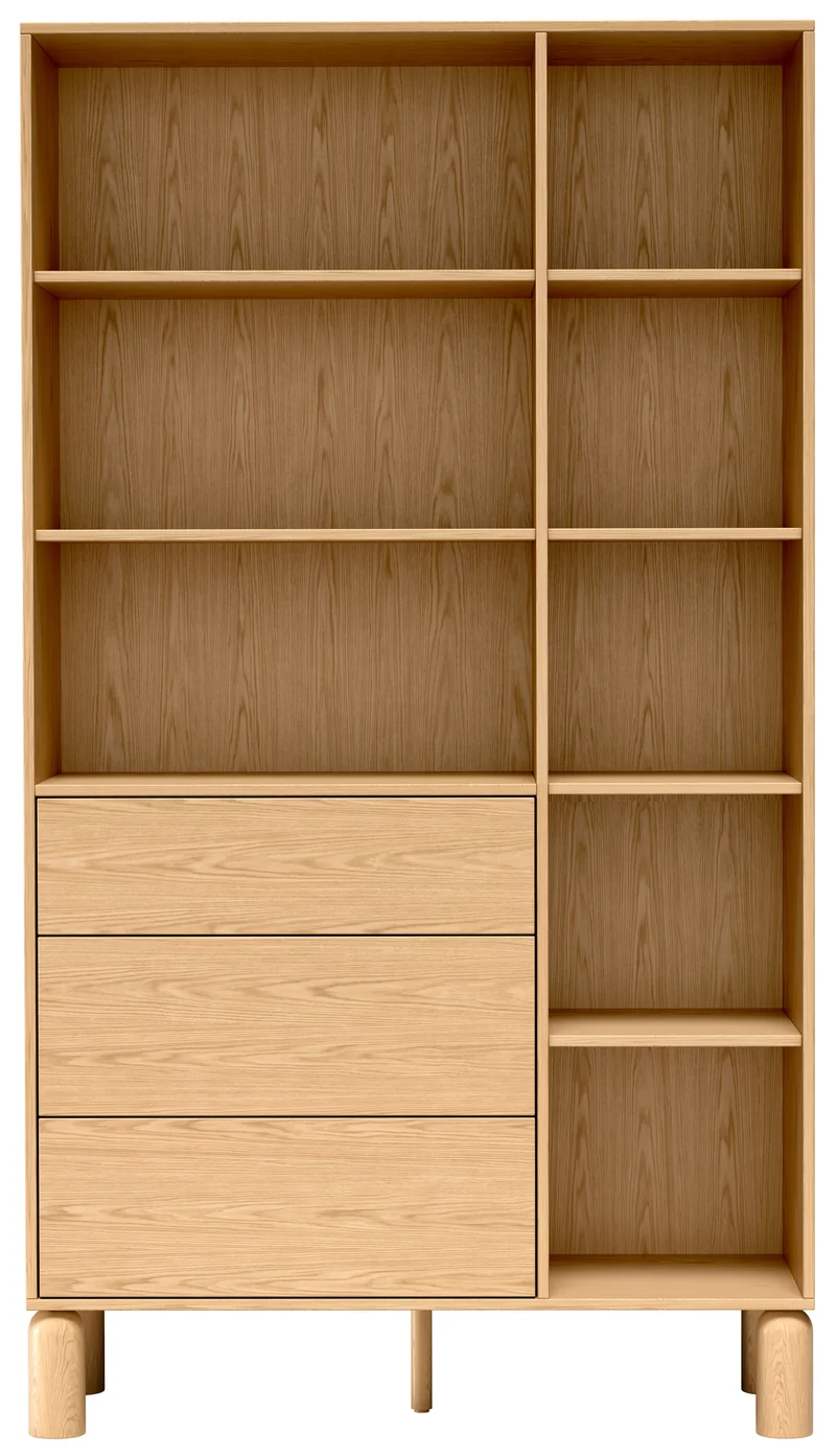 Regal Sanden mit drei Schubladen, 110 cm, Eiche Bookmatch