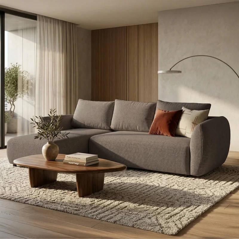 Ecksofa mit Schlaffunktion Zordo, L-förmig, linksseitig, mit zwei Stauraumfächern, hellbrauner Chenille-Stoff