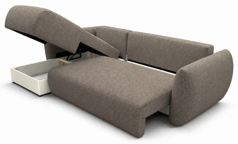 Ecksofa mit Schlaffunktion Zordo, L-förmig, linksseitig, mit zwei Stauraumfächern, hellbrauner Chenille-Stoff