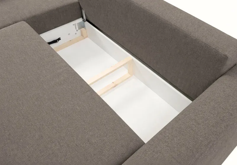 Ecksofa mit Schlaffunktion Zordo, L-förmig, linksseitig, mit zwei Stauraumfächern, hellbrauner Chenille-Stoff