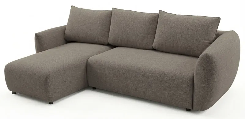 Ecksofa mit Schlaffunktion Zordo, L-förmig, linksseitig, mit zwei Stauraumfächern, hellbrauner Chenille-Stoff
