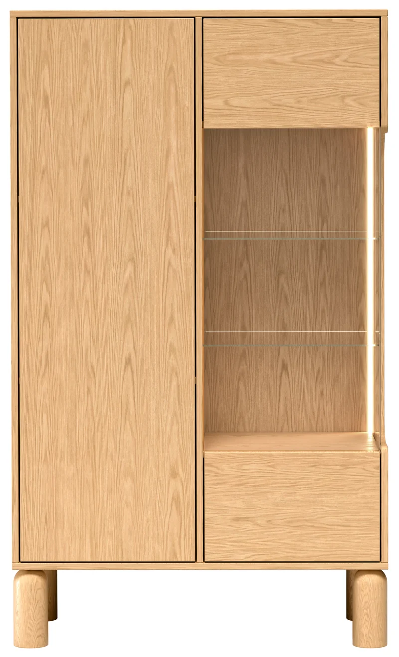 Zweiflügelige Sanden-Vitrine mit LED-Beleuchtung, 89 cm, Eiche Bookmatch