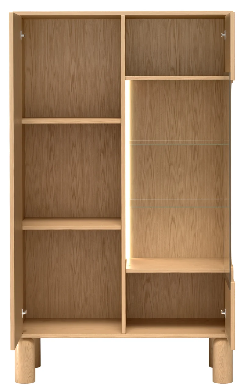 Zweiflügelige Sanden-Vitrine mit LED-Beleuchtung, 89 cm, Eiche Bookmatch