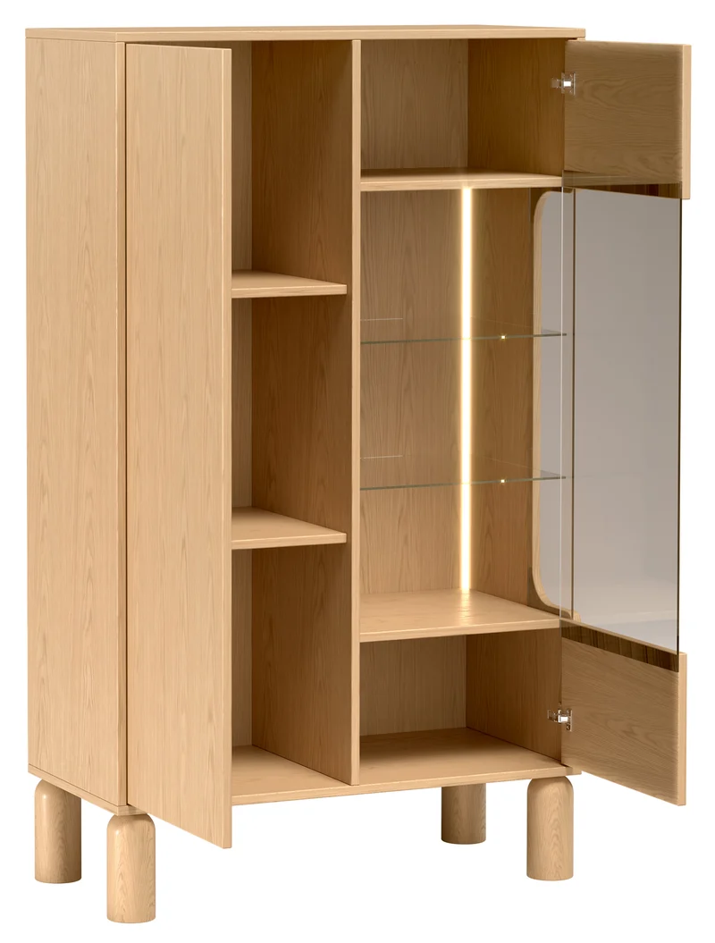 Zweiflügelige Sanden-Vitrine mit LED-Beleuchtung, 89 cm, Eiche Bookmatch