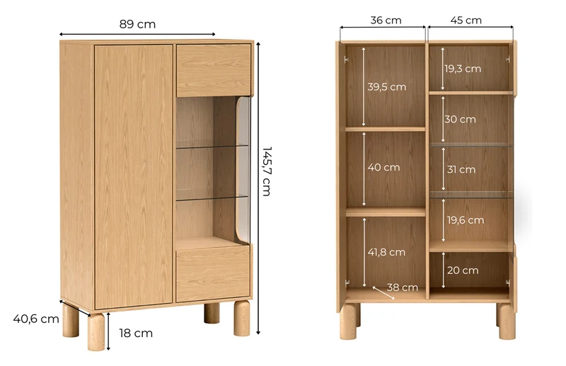 Zweiflügelige Sanden-Vitrine mit LED-Beleuchtung, 89 cm, Eiche Bookmatch