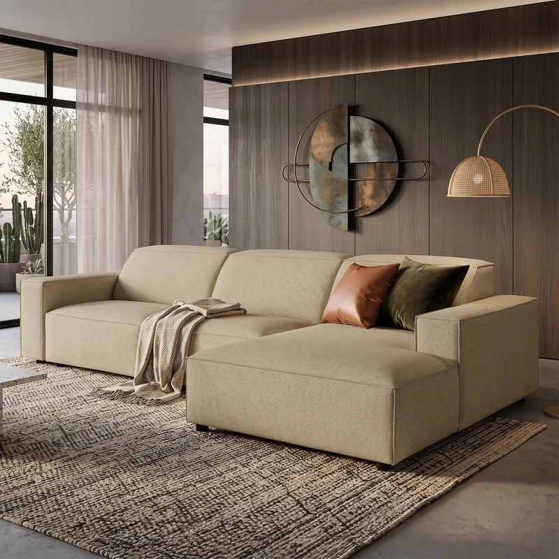 Modulares Ecksofa Sellmo, L-förmig, rechtsseitig, dunkelbeige, hydrophobes Chenille