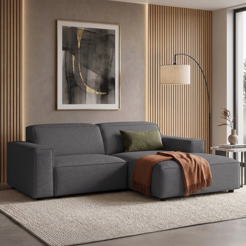 Modulares Ecksofa Sellmo L-förmig klein, rechtsseitig, dunkelgrauer hydrophober Chenillestoff