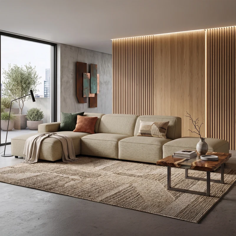 Modulares Ecksofa Sellmo, L-förmig, mit Hocker, linksseitig, dunkelbeige, hydrophobes Chenille