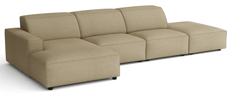 Modulares Ecksofa Sellmo, L-förmig, mit Hocker, linksseitig, dunkelbeige, hydrophobes Chenille