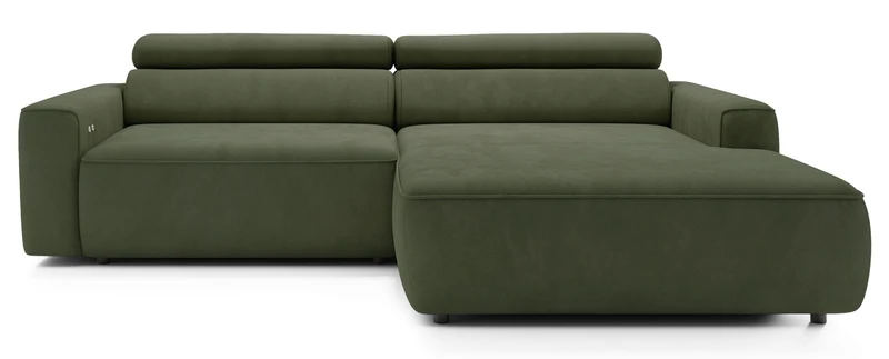 Ecksofa mit elektrischem Auszug Fando, L-förmig, rechtsseitig, salbeigrüner Samtvelours