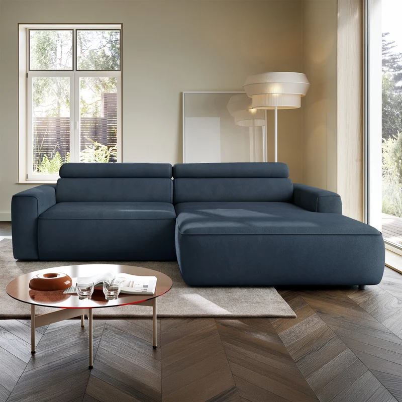Ecksofa mit elektrischem Auszug Fando, L-förmig, rechtsseitig, blauer Samt