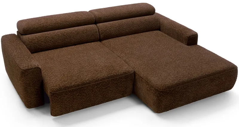 Ecksofa Fando mit elektrisch ausziehbarem Sitz, L-förmig, rechtsseitig, brauner Chenille-Bezug